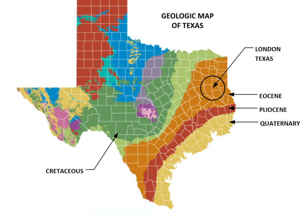 London, Texas is in a defined geological zone that strongly suggests an age around 40 million years.