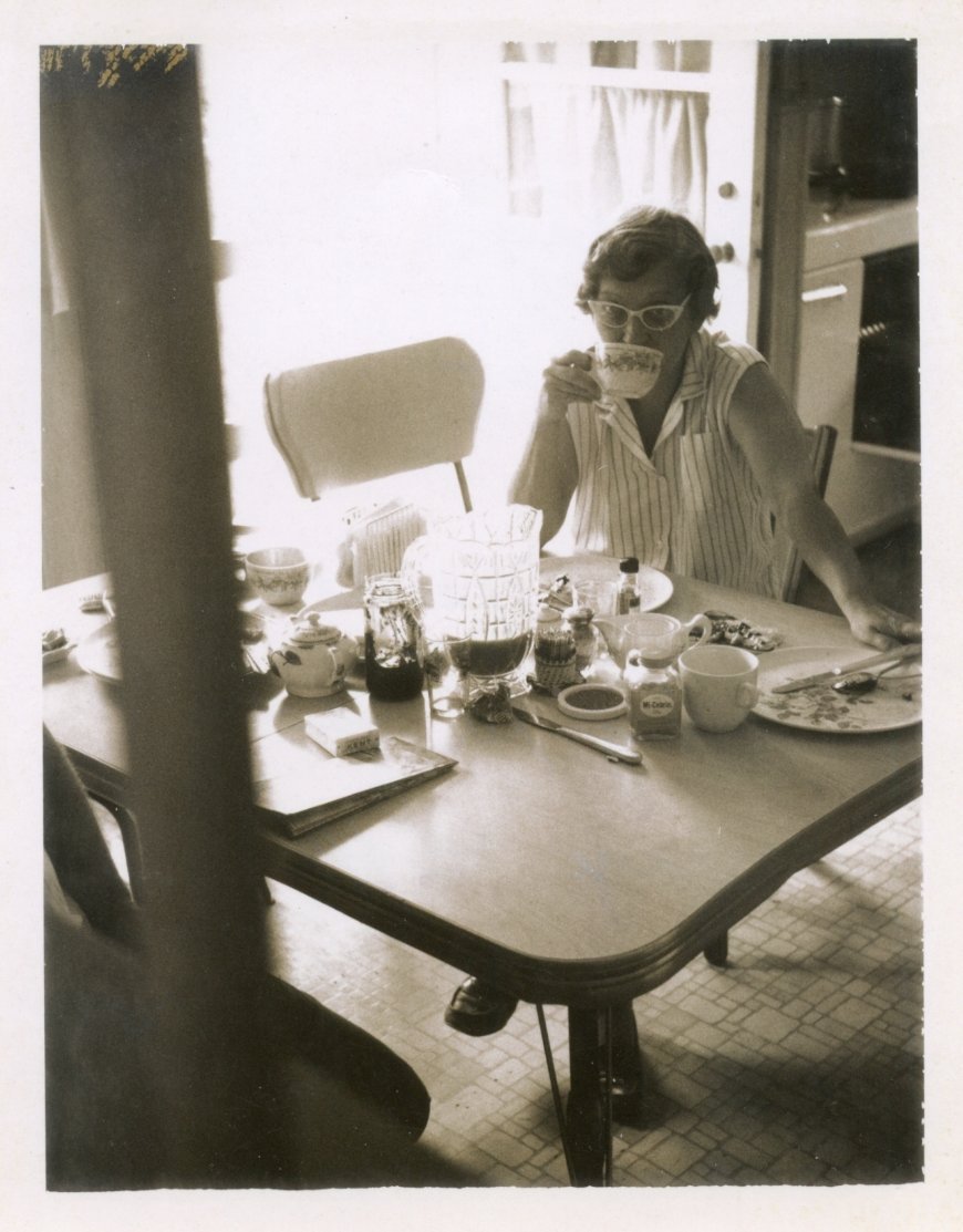 Early morning breakfasts in the 1960's with the housewife, the orange juice and the coffee. A breakfast is just as important as a dinner is for a family meal.