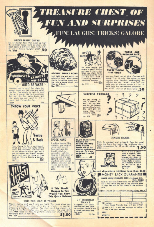 Advertisement for toys and gadgets inside a vintage comic book.