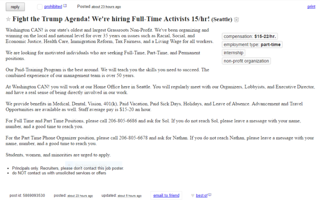 Today, people want to ban certain kinds of advertisements like this. Craigslist advertisement for people to become a paid protester.