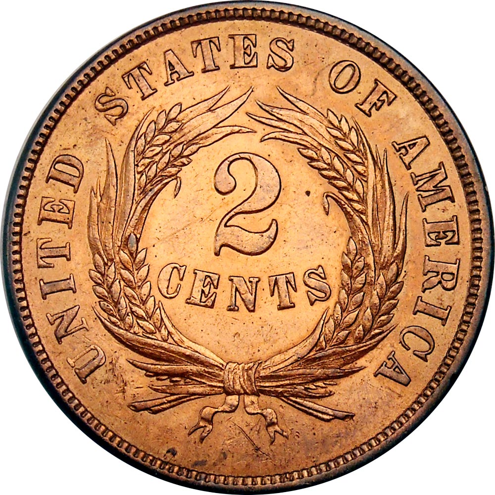 A 1864 two cent coin.