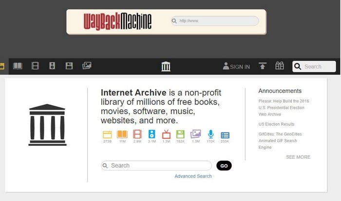 The Internet Archive - the Way back machine.