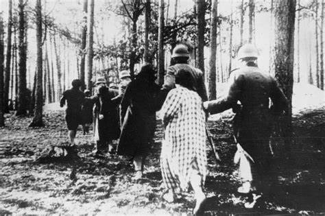 Germans leading Polish women to rape in the forest.