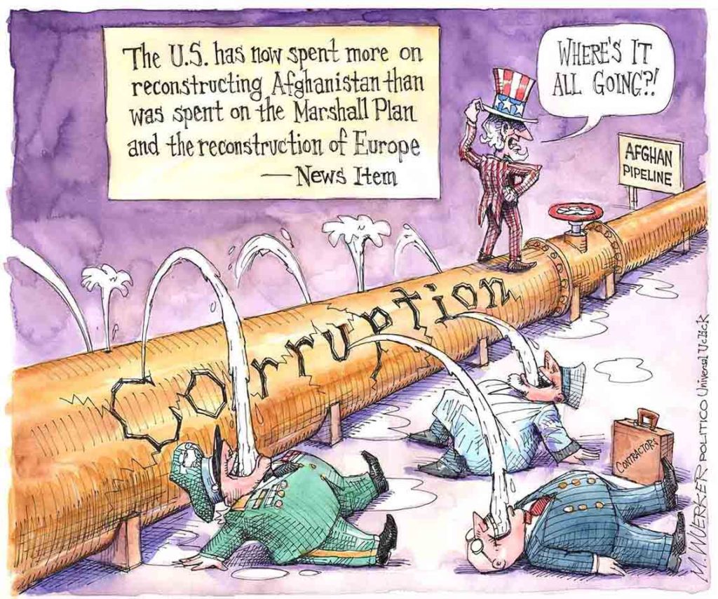 Comic of American crime and corruption.