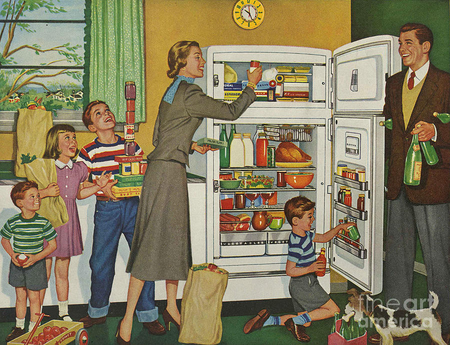 Woman stocking the refrigerator. 
