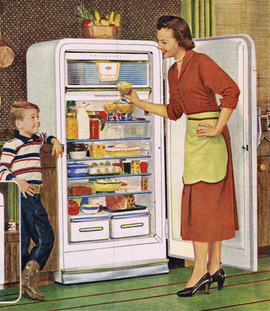 Vintage advertisement for a refrigerator. Showing the role of the housewife in the proper raising of the children.