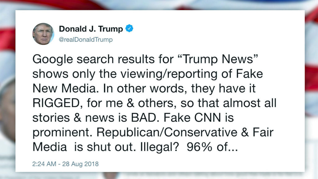 Trump tweet on conservative censorship of search data by Google search engines.