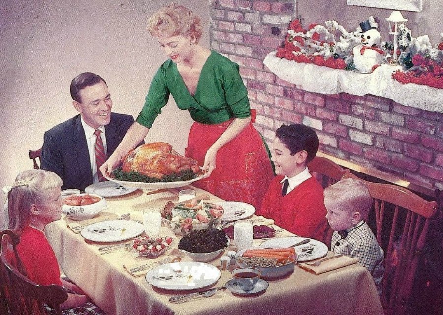 Vintage Christmas meal in the 1960s.