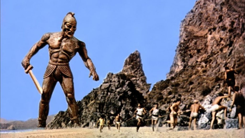 Jason fights a giant bronze statue.