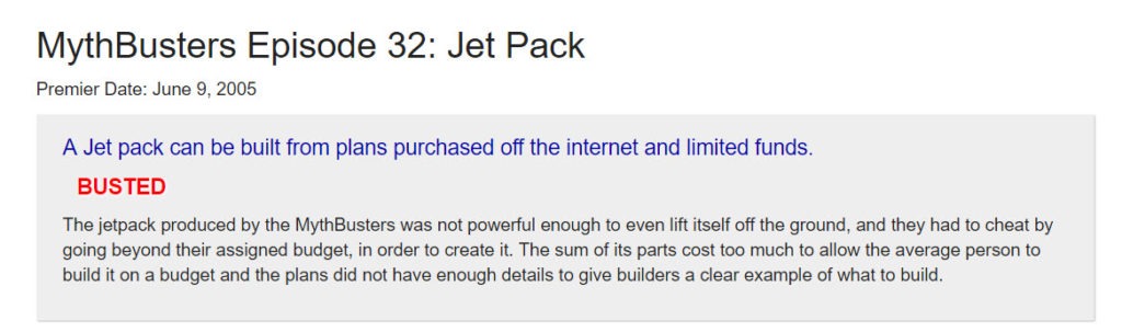 Myth busters on jet pack design.