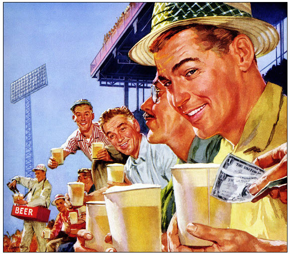 Friends at a ball park enjoying a beer.
