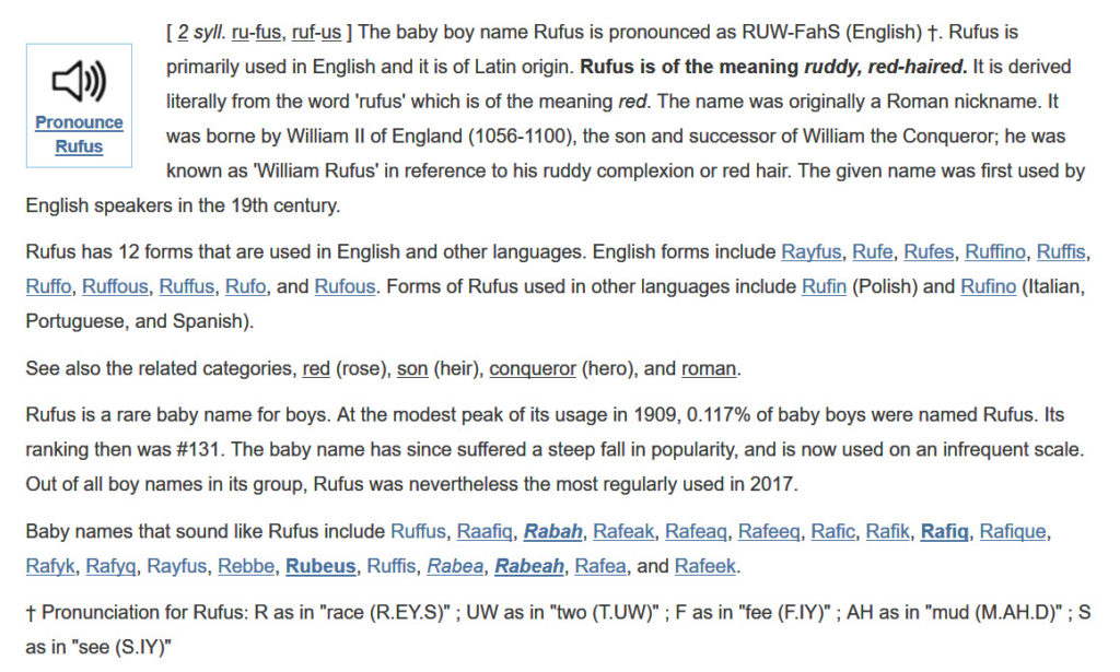 The meaning of the word Rufus as found on the Internet.