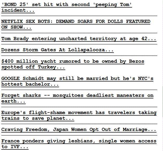 Screen shot of Drudge Report American news aggregator, taken Sunday 4AUG19. What a load of nonsense.
