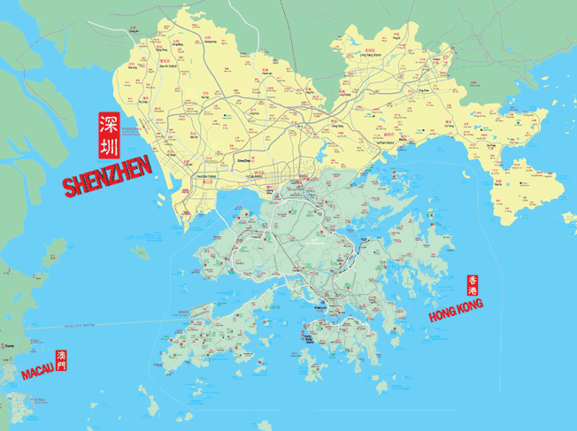 Map of Shenzhen, and Hong Kong.