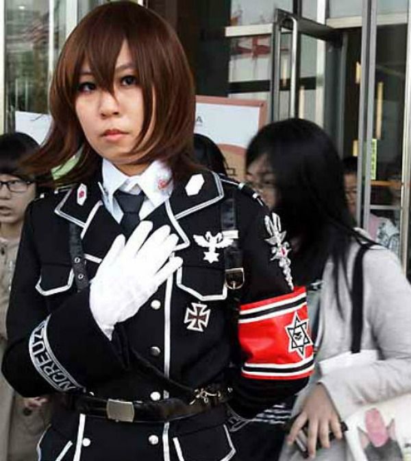 Asian Nazi fashion themed Asian gal on the public bus.
