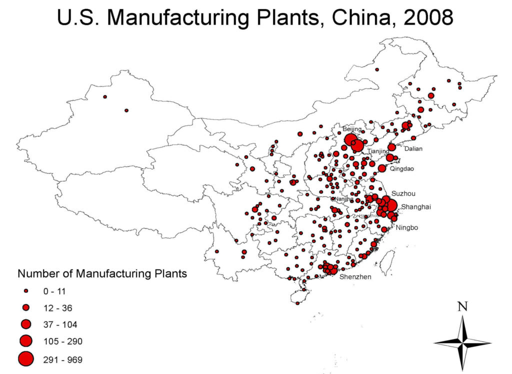 A map showing the location of United States manufacturing plants in China as of 2008. As today is 2019, you can well appreciate that tall these plants are joint-ventures, and not WOFE and thus the American ownership of these companies are at 49% or less, with the Chinese partner owning a 51% controlling stake in the factory.