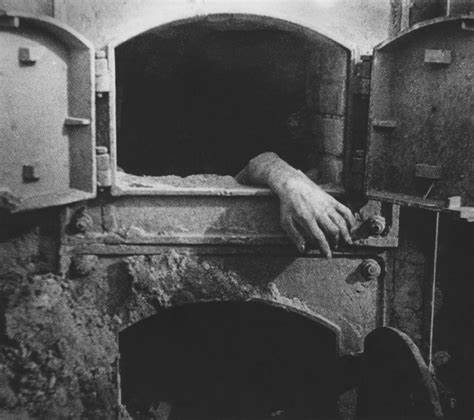 A German citizen rests inside an oven after being disarmed and processed by the government authories.