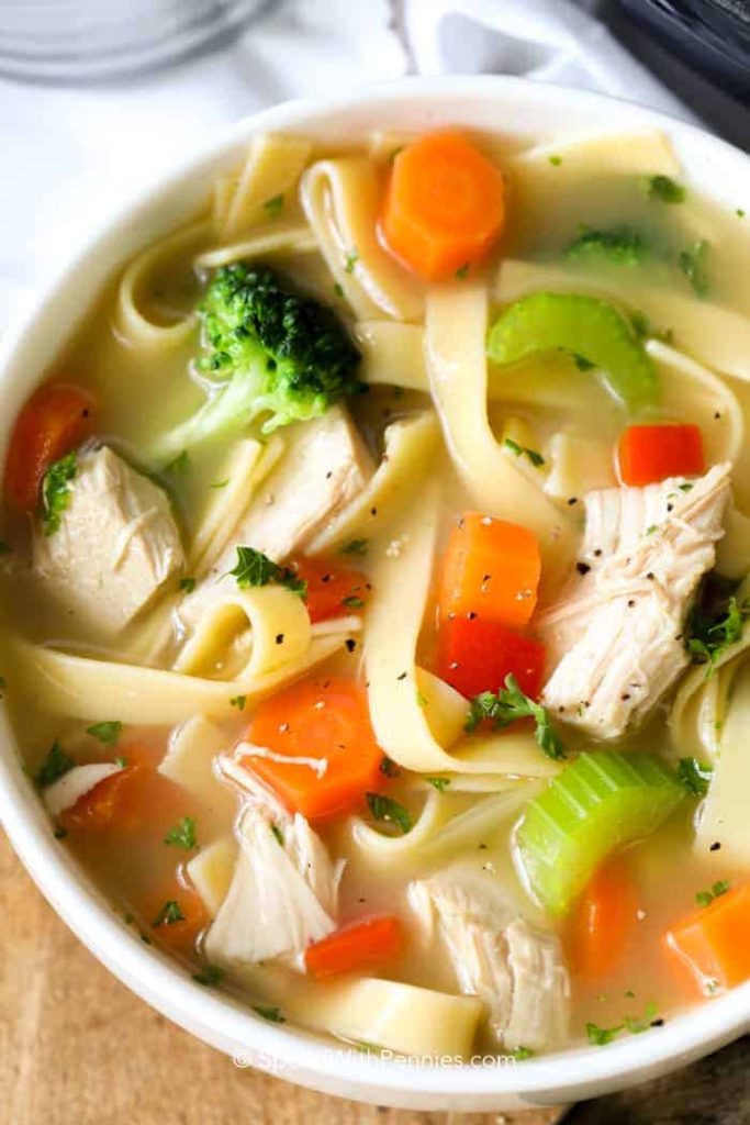 Delicious chicken noodle soup with egg noodles.