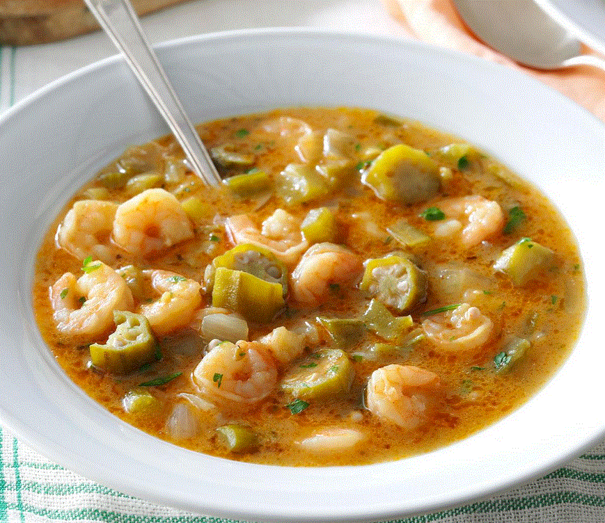 --PHOTO--A bowl of fine delicious gumo with shrimp and okra. Yum!