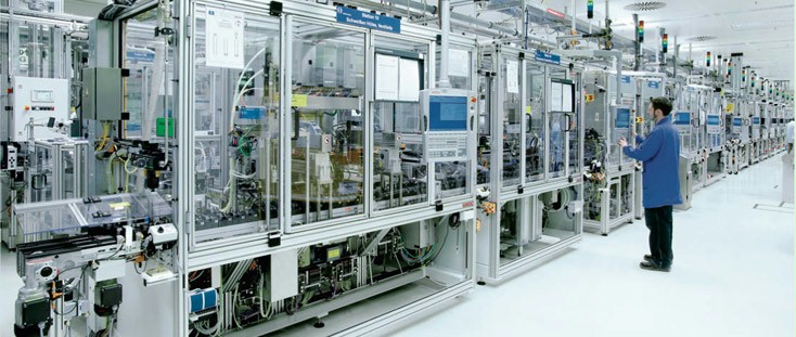 Semi-automated production line typically used in appliance assembly.
