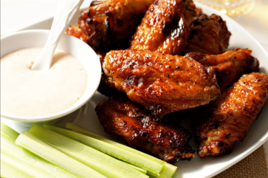 Baked American style chicken wings served with a fine ranch or blue cheese dressing for dipping.