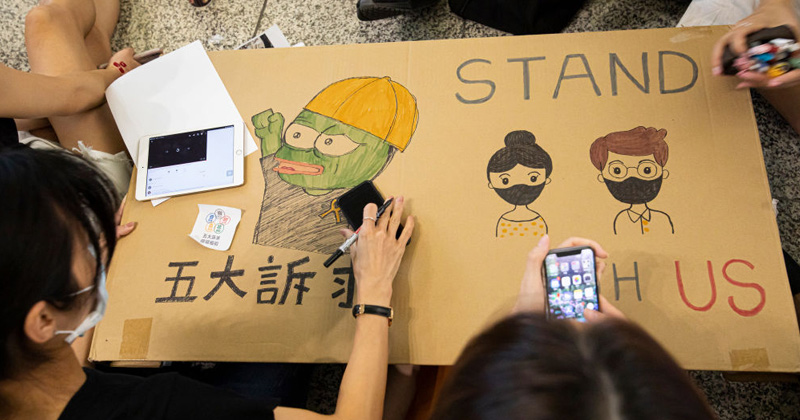 Protesters in Hong Kong have adopted the popular “Pepe the Frog” meme as one of their symbols of resistance amid ongoing demonstrations against a proposed extradition bill.  The frog’s familiar face has appeared on signs in various protests calling out violent police crackdowns against demonstrators.  One meme showing Pepe with an injured eye focused on a police assault which left a first responder blind after being shot with a bean bag round at close range.