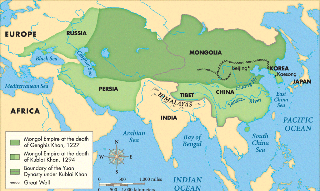 A map of the Mongol Empire under Genghis Khan.