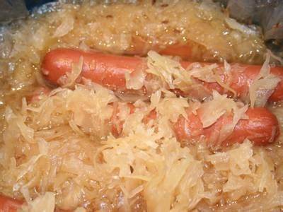 This is a very simple but unique meal. You simply buy a package of hotdogs and a can of sauerkraut. 