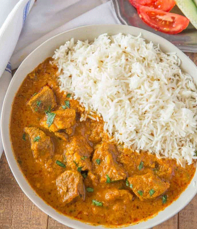 Curried mutton over rice.