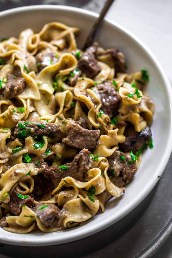 --PHOTO--Beef Stroganoff. Juicy beef smothered in a creamy mushroom and onion gravy. Beef Stroganoff is a crowd favourite that tastes like a slow cooked stew but is on the table in 30 minutes! Beef Stroganoff – a timeless retro classic!!