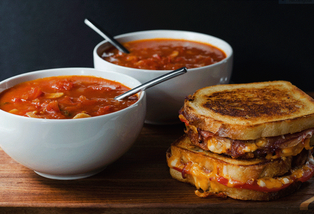 A fine and delicious, easy to prepare meal- tomato soup with grilled cheese sandwiches.