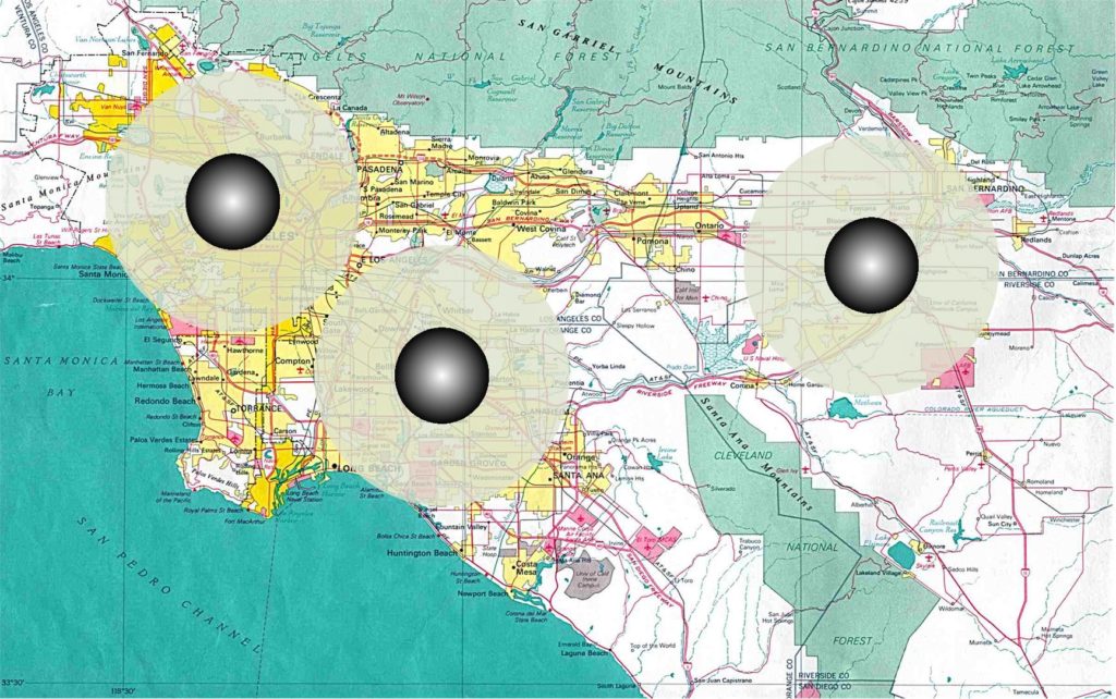 Los Angles under the effects of a trio of three high-density, high-magnitude nuclear hydrogen bombs detonated in such a way as to render the entire realestate worthless for centures to come.