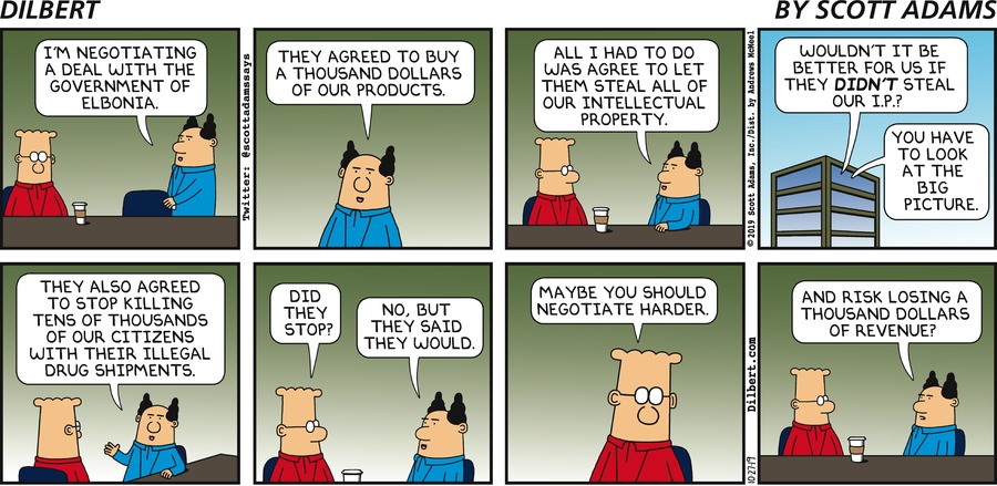 Dilbert on Trump tariff wars against China, by the United States.