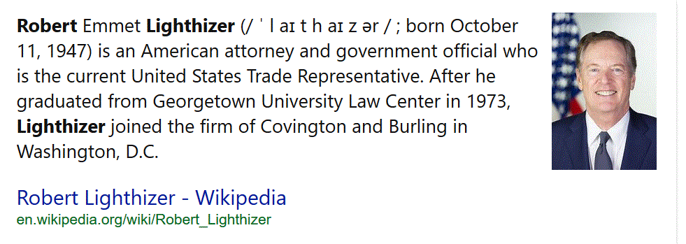 Robert Emmet Lighthizer (/ ˈ l aɪ t h aɪ z ər / ; born October 11, 1947) is an American attorney and government official who is the current United States Trade Representative. After he graduated from Georgetown University Law Center in 1973, Lighthizer joined the firm of Covington and Burling in Washington, D.C.