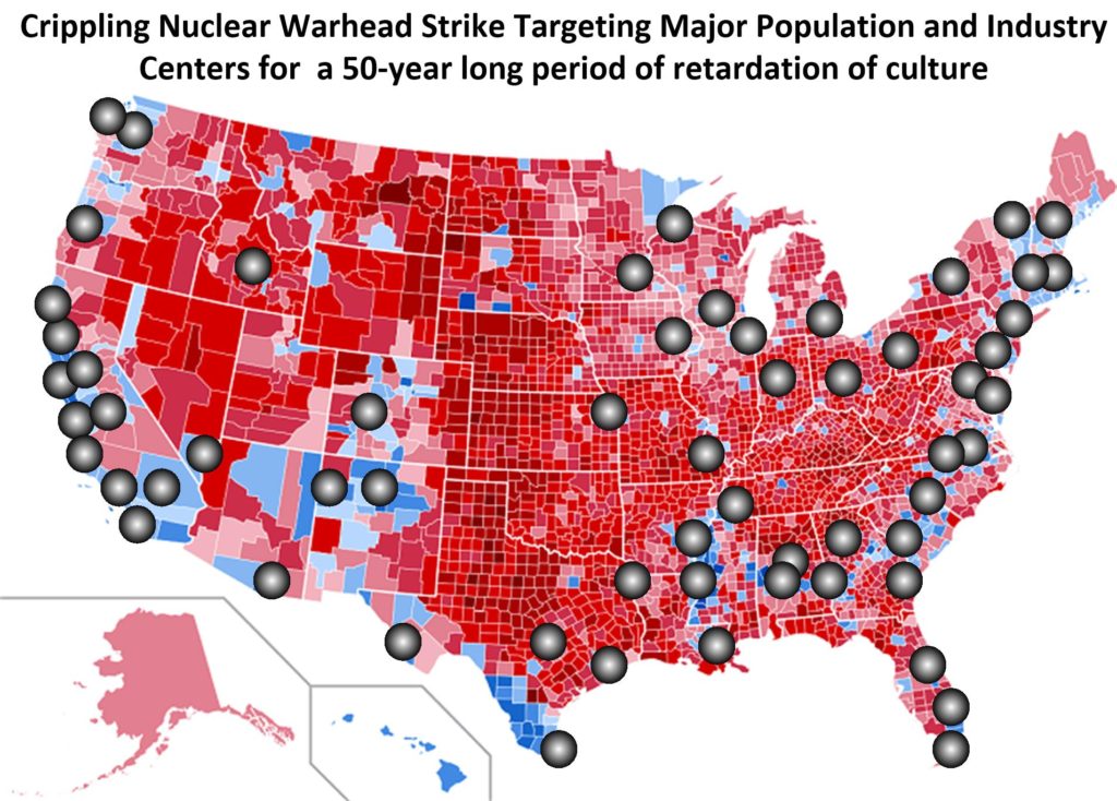 The Fuck-you Response. This is the "double tap" nuclear response that is intended to send America back to the dark ages. It is designed to allow for the indigenous peoples outside of the cities to balkanize America into smaller, easier to manage third-world "shit holes". An America after this strike would look like Somalia on a bad day.