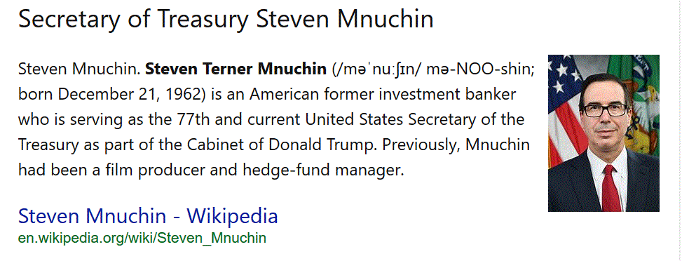 Steven Mnuchin. Steven Terner Mnuchin (/məˈnuːʃɪn/ mə-NOO-shin; born December 21, 1962) is an American former investment banker who is serving as the 77th and current United States Secretary of the Treasury as part of the Cabinet of Donald Trump. Previously, Mnuchin had been a film producer and hedge-fund manager.