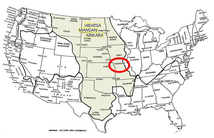 The shaded area on this map shows the territories occupied by various Plains Indian tribes. The Mandan, Hidatsa, and Arikara lived in what are today North and South Dakota.