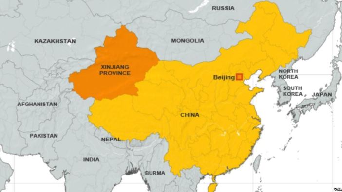 Map of China showing Xinjiang.