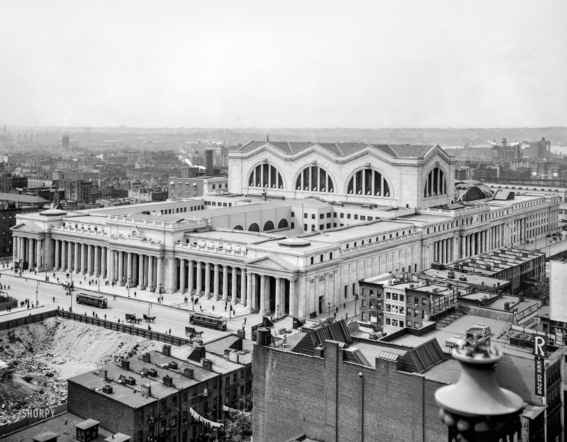 New York circa 1910. "Bird's eye view of new Pennsylvania Station." Demolished in 1963. 