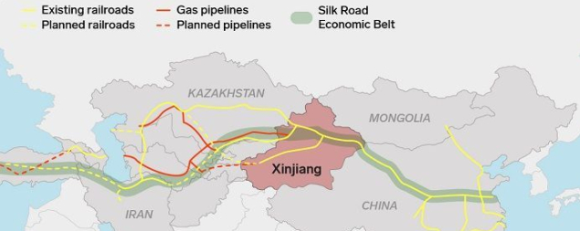 China’s Belt and  Road Initiative (BRI) has 1000s of freight trains and trucks carrying  goods between China and Europe every year; and most of these trains and  trucks go through Xinjiang. There are also many oil/gas pipelines from  Central Asia that go through Xinjiang to power China’s industrial  economy. 