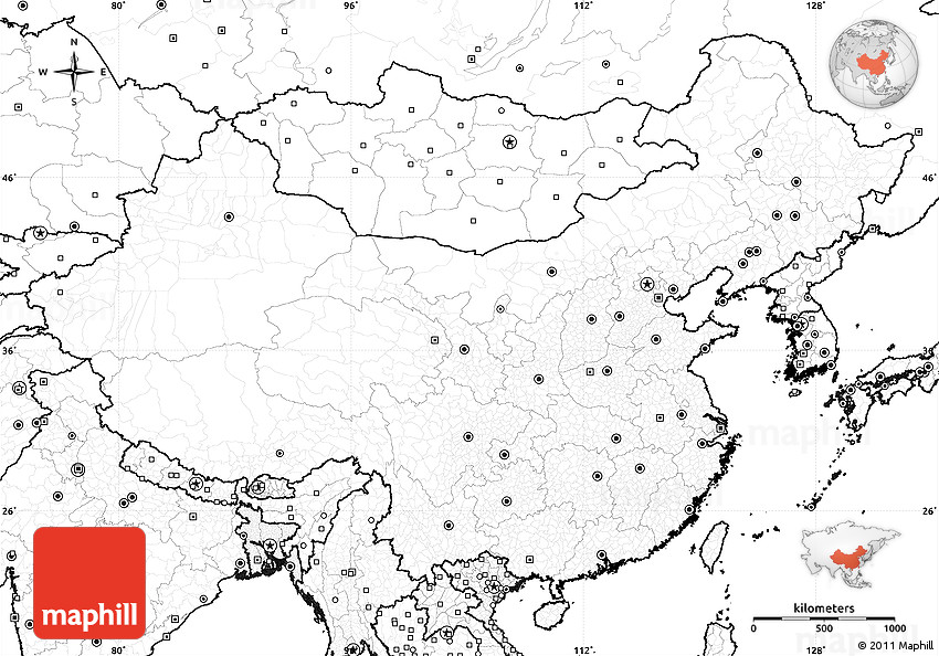 Blank simple map of China, no labels.