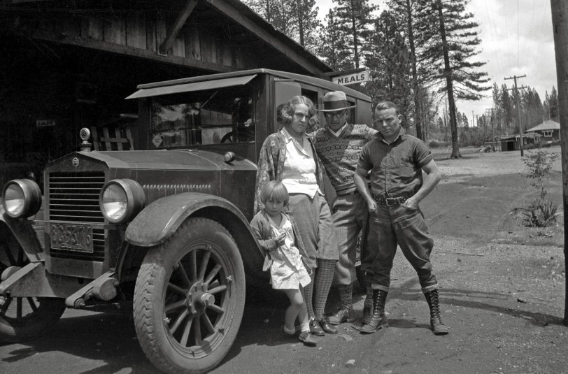 A tough-looking group and their Essex sedan somewhere in Northern California in 1929. From a box of negatives found in a thrift store.