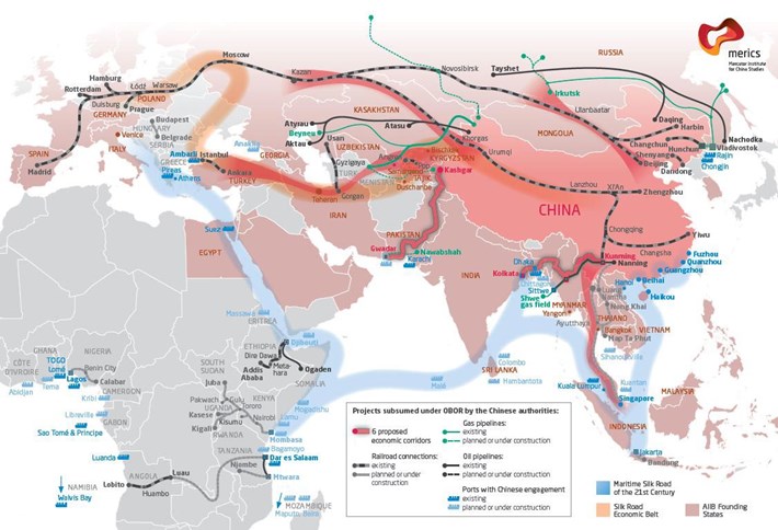 The Belt and Road Initiative is a global development strategy adopted by the Chinese government involving infrastructure development and investments in 152 countries and international organizations in Asia, Europe, Africa, the Middle East, and the Americas. The leader of the People's Republic of China, Xi Jinping, originally announced the strategy during official visits to Indonesia and Kazakhstan in 2013. 