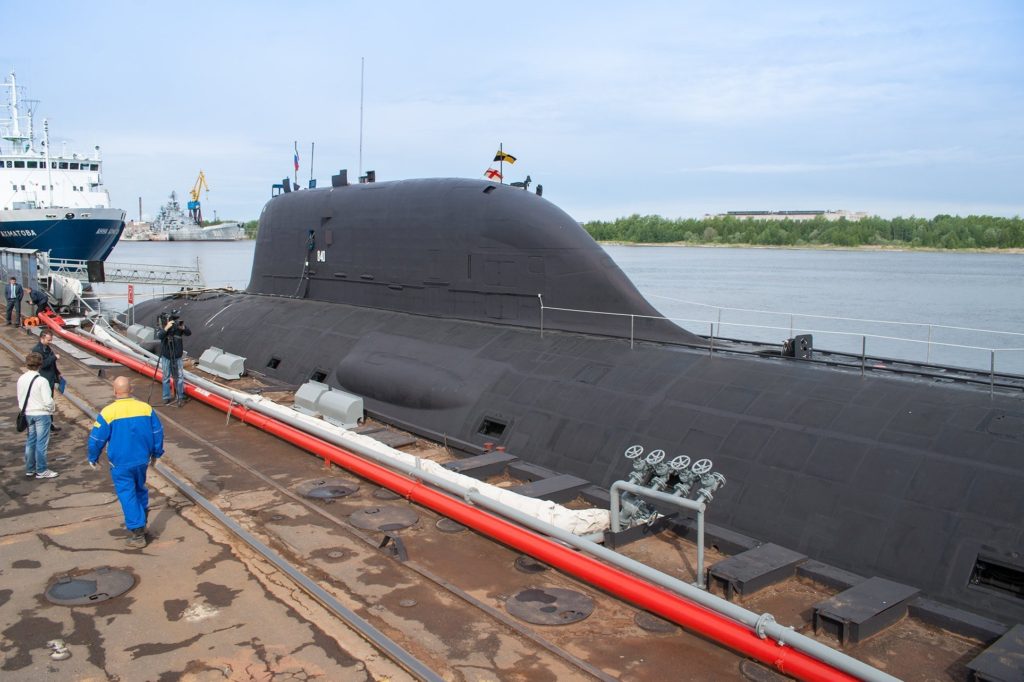 The Severodvinsk, the first of Russia's multirole Yasen K-560 submarines, by the pier of the Sevmash shipyard in Severodvinsk, Arkhangelsk Region. 
