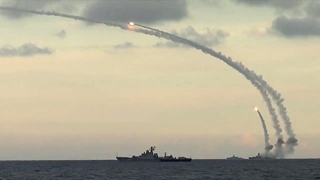 Ships from Russia's Caspian Flotilla launching Kalibr-NK cruise missiles against Daesh targets in Syria.