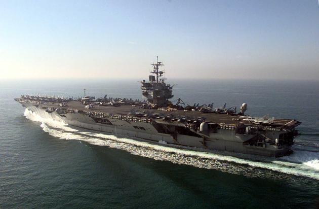 The  aircraft carrier USS Enterprise (CVN 65) transits the Persian Gulf.  Enterprise was one of several ships that participated in Operation  Praying Mantis, which was launched after the guided-missile frigate USS  Samuel B. Roberts (FFG-58) struck an Iranian mine on April 14, 1988.  (U.S. Navy photo by Petty Officer 1st Class Todd Cichonowicz/Released)