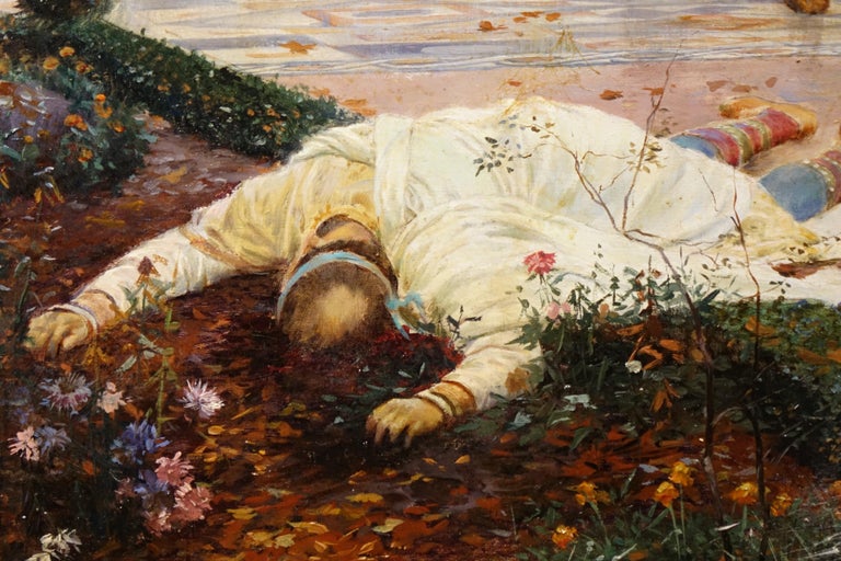 The villa master / owner lies dead in the flowers in his front yard. His fancy robes, and gold bracelets did not protect him.