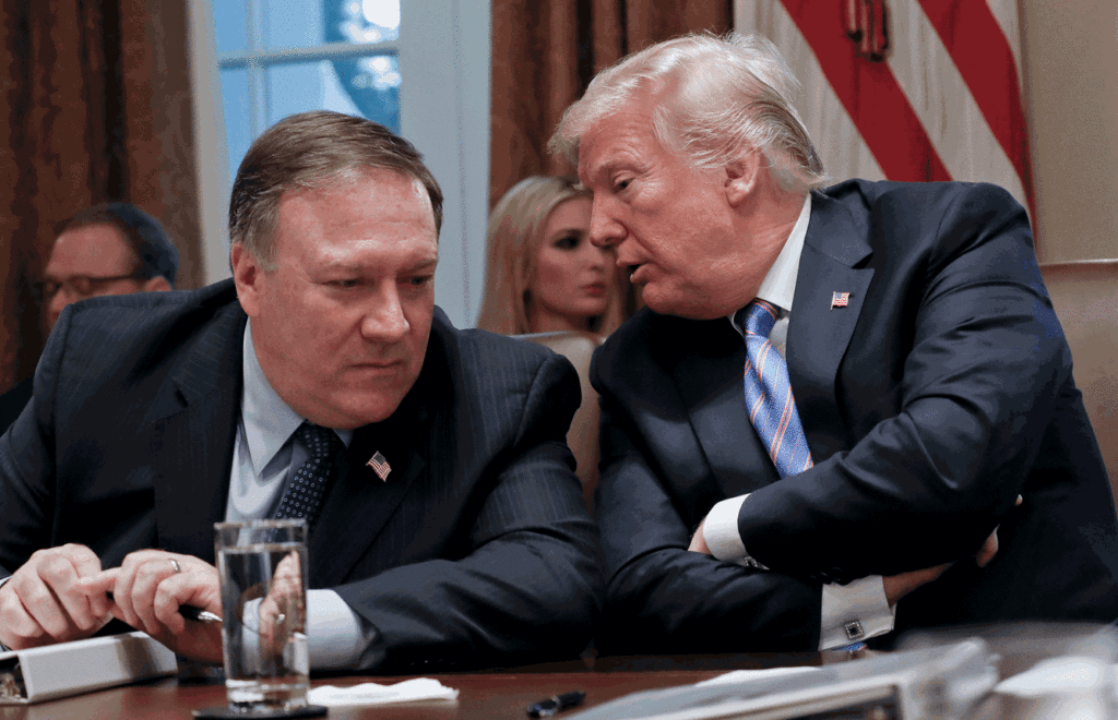 President Trump, right, talks with Secretary of State Mike Pompeo during a Cabinet meeting in the Cabinet Room of the White House in Washington, on July 18, 2018. (AP Photo/Pablo Martinez Monsivais)