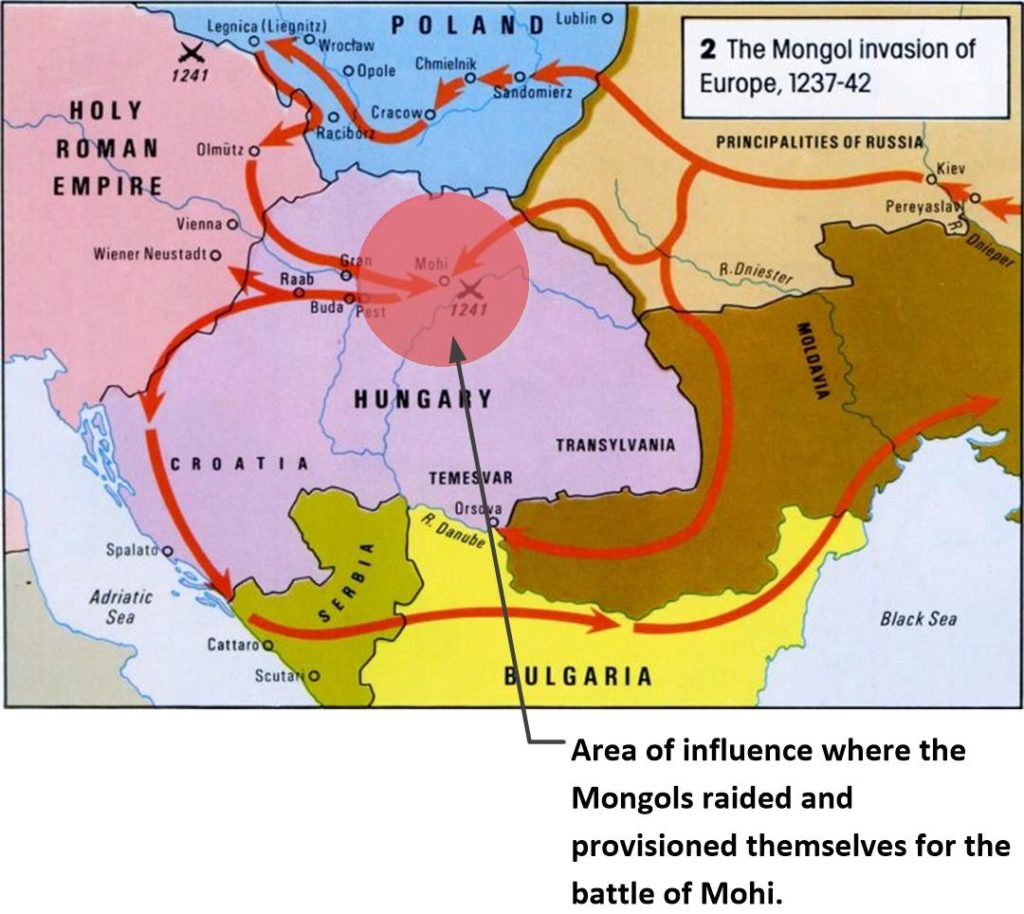 The Mongol area of influence during the battle of Mohi. When a city was attacked, the surrounding areas were emptied of everything. No one survived. Everything become the property and under the ownership of the Mongols.