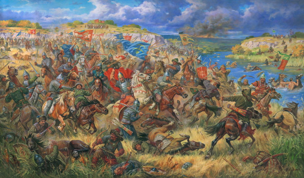 After the Jin cavalry was defeated, the Jin pikemen, half of whom  were militia conscripts, broke and ran. They were cut down by the Mongol  cavalry or trampled by their own terrified horsemen. 